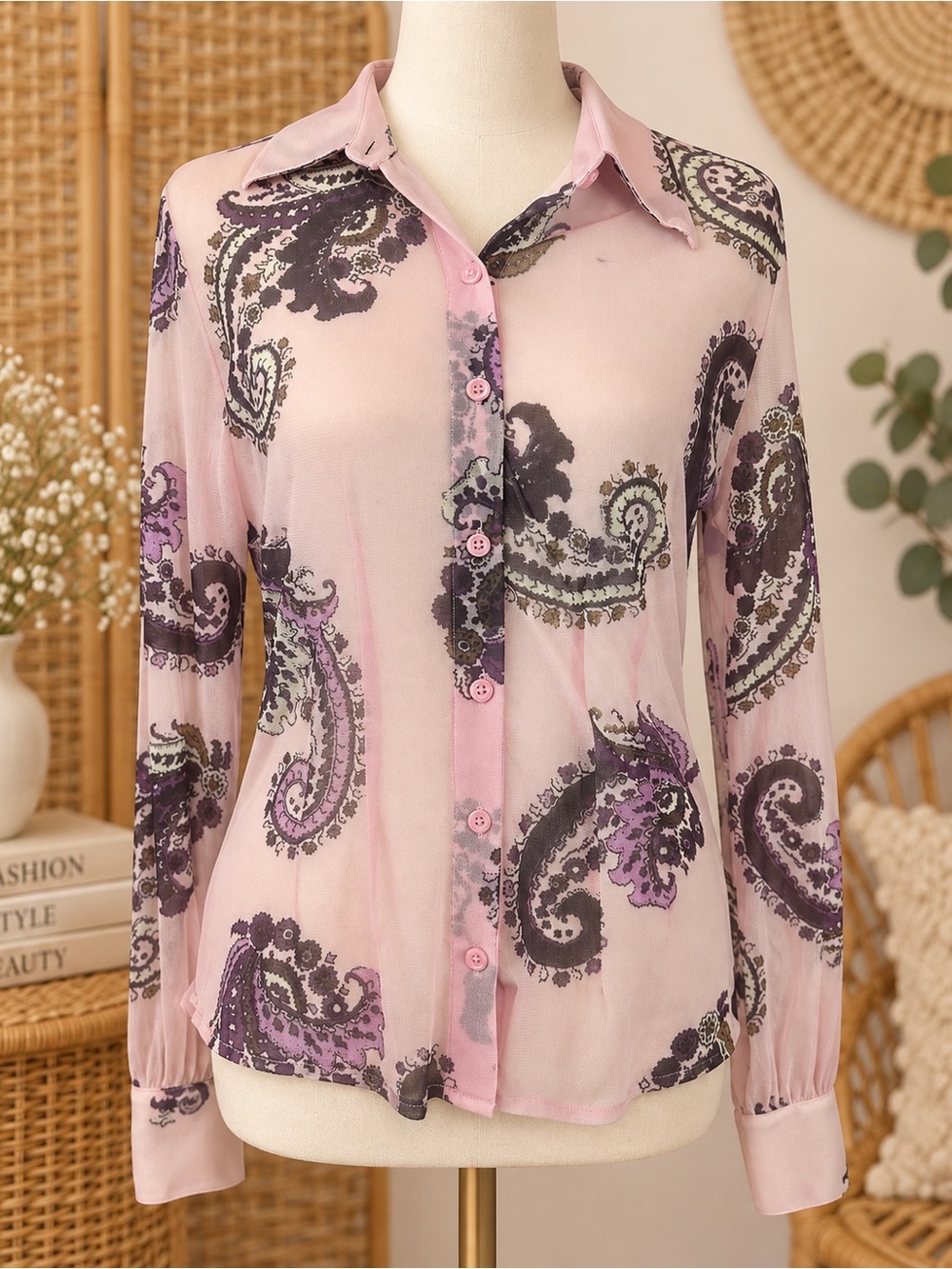New York & Company Pink Sheer Paisley Button-Down Blouse